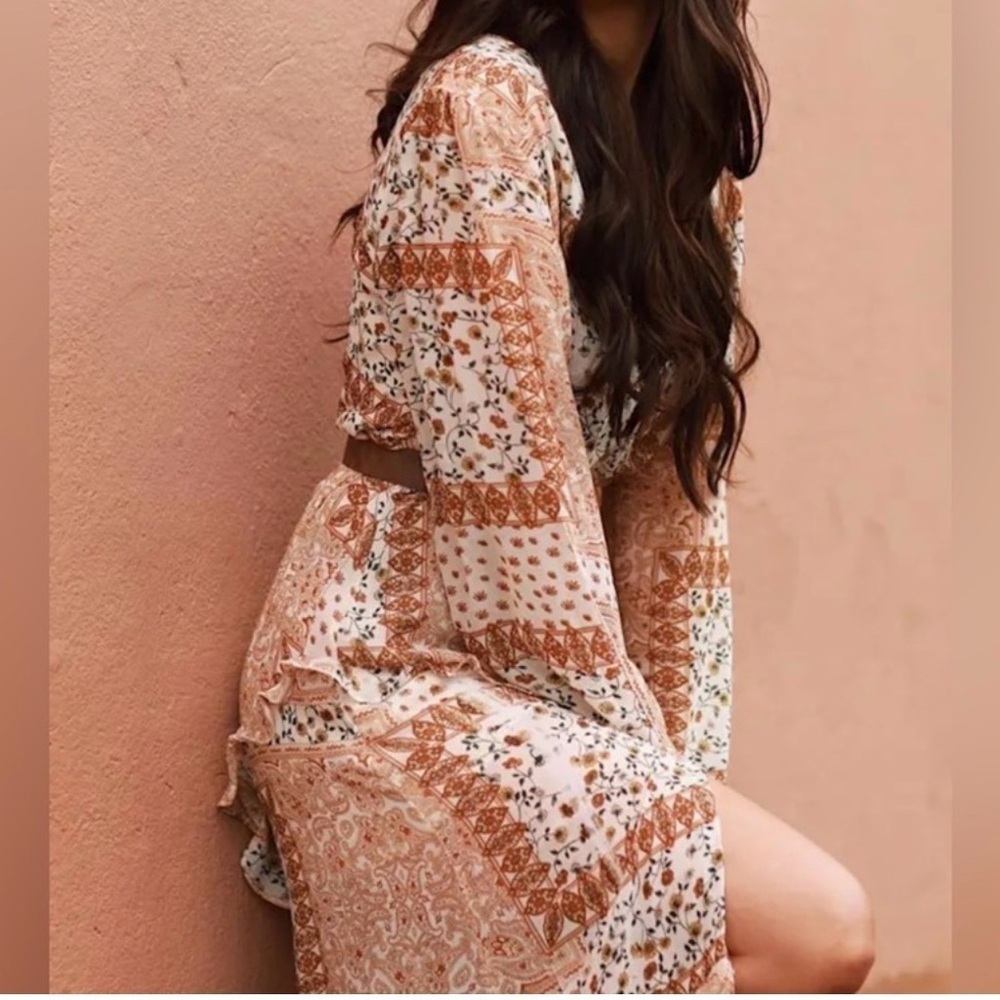 Lulus Floral Bohemian Dress in Cream and Brown